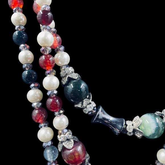 Multi Strand Gemstone Pearl Beaded Necklace Boho Layered Statement Jewelry - Picture 4 of 7